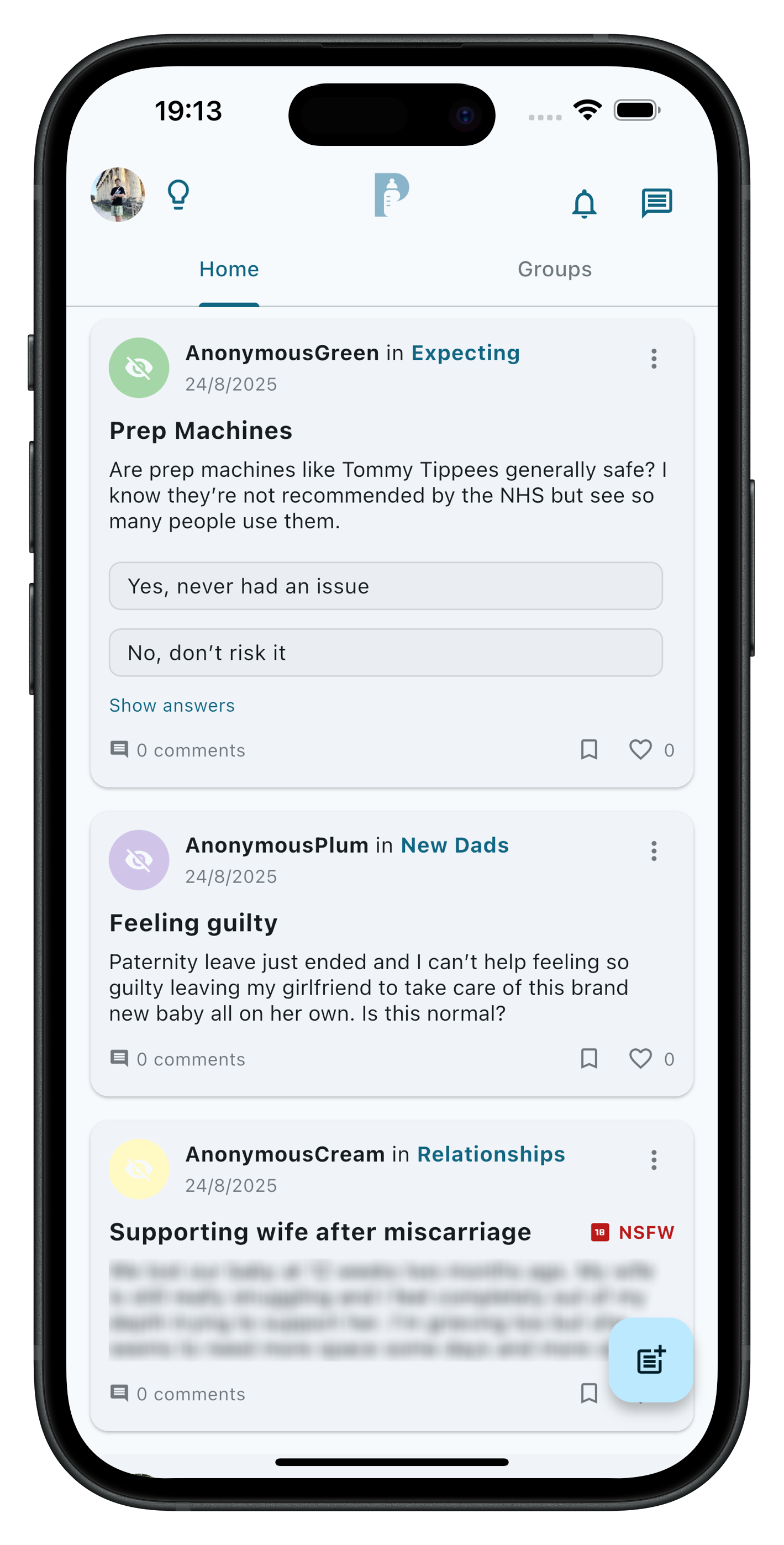 Pattr app showing dad community features